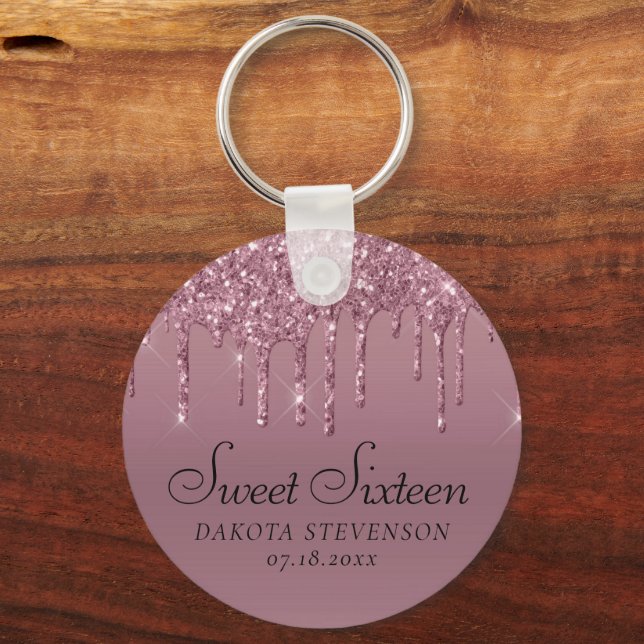 Dripping Mauve Glitter | Dusty Pink Sweet Sixteen Key Ring (Front)