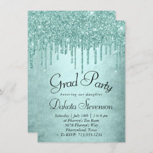 Dripping Mint Glitter Aqua Teal Icing Graduation Invitation