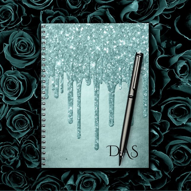 Dripping Mint Glitter | Aqua Teal Melting Monogram Notebook (Creator Uploaded)