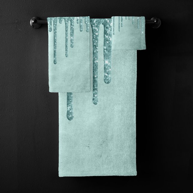 Dripping Mint Glitter | Aqua Teal Melting Pour Bath Towel Set (Creator Uploaded)