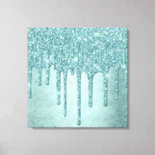 Dripping Mint Glitter Aqua Teal Melting Pour Canvas Print