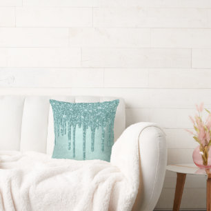 Dripping Mint Glitter   Aqua Teal Melting Pour Cushion