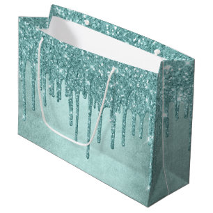 Dripping Mint Glitter   Aqua Teal Melting Pour Large Gift Bag