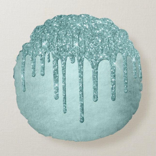 Dripping Mint Glitter | Aqua Teal Melting Pour Round Cushion (Front)
