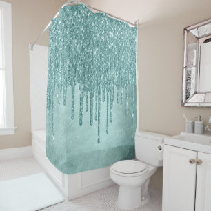 Dripping Mint Glitter   Aqua Teal Melting Pour Shower Curtain