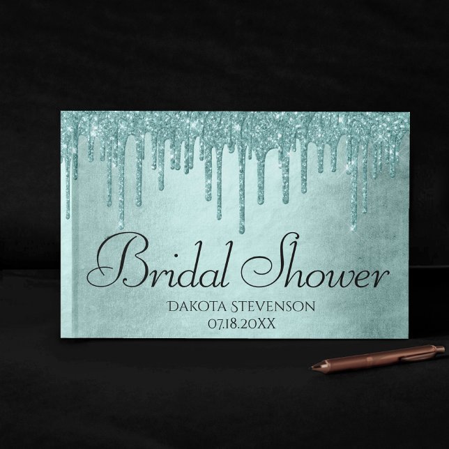 Dripping Mint Glitter | Aqua Teal Melting Shower Guest Book (Creator Uploaded)