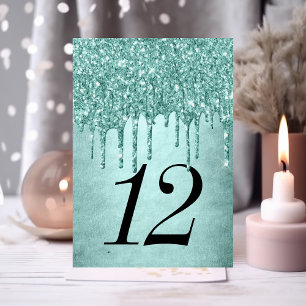 Dripping Mint Glitter   Aqua Teal Pour Quinceanera Table Number