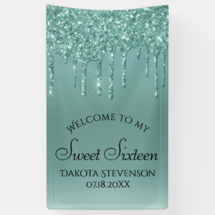 Dripping Mint Glitter   Aqua Teal Sweet Sixteen Banner