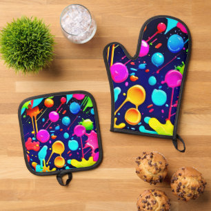 Dripping Neon Ink Aesthetic Oven Mitt & Pot Holder Set
