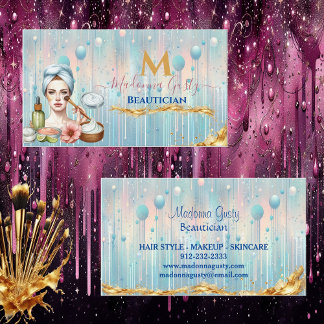 Dripping Pastel Blue Gold Monogram Beautician Chic Business Card