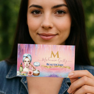 Dripping Pastel Pink Gold Monogram Beautician Chic Business Card
