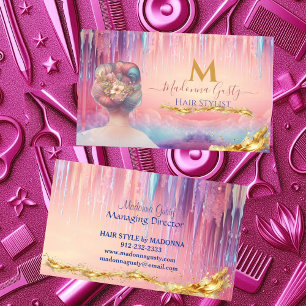 Dripping Pastel Pink Gold Monogram Hair Stylist Business Card