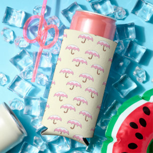 Dripping pink and white umbrella pattern yellow seltzer can cooler