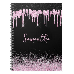 Dripping Pink Black Glitter Glam Name Notebook