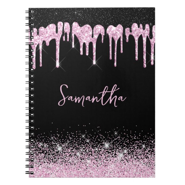 Dripping Pink Black Glitter Glam Name Notebook (Front)