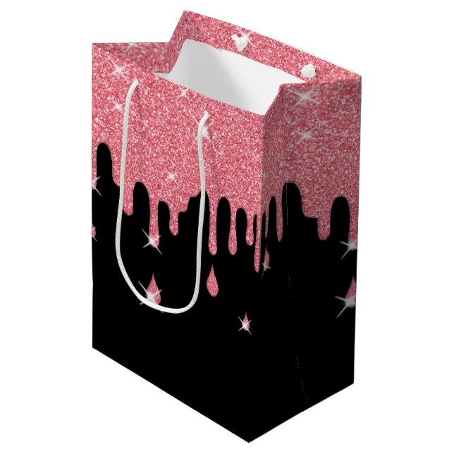 Dripping Pink Glitter Effect & Sparkles Girly Medium Gift Bag (Front Angled)