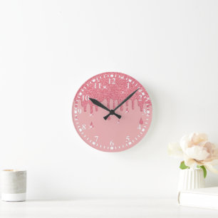 Dripping Pink Glitter Effect Sparkles Round Clock