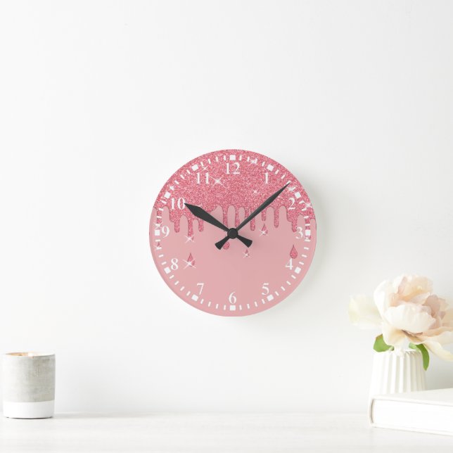 Dripping Pink Glitter Effect Sparkles Round Clock (Home)