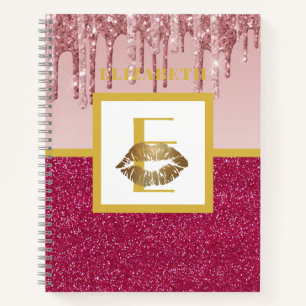Dripping Pink Rose Gold Glitter Lips Monogram Girl Notebook