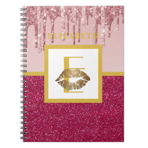 Dripping Pink Rose Gold Glitter Lips Monogram Girl Notebook