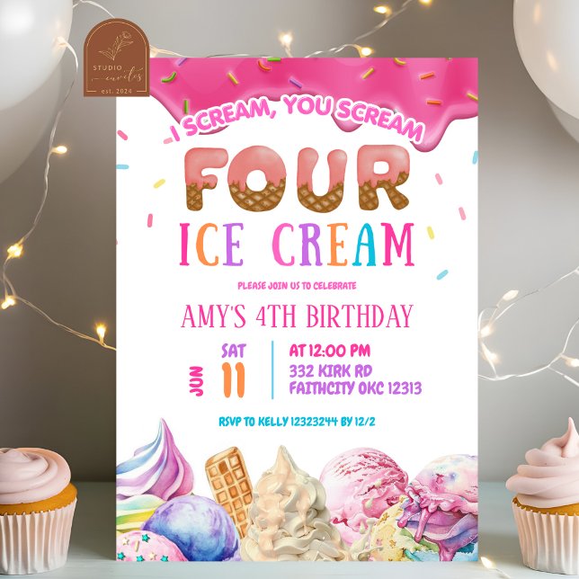 Dripping Pink Scream FOUR Ice Cream Birthday Party Invitation (Creator Uploaded)