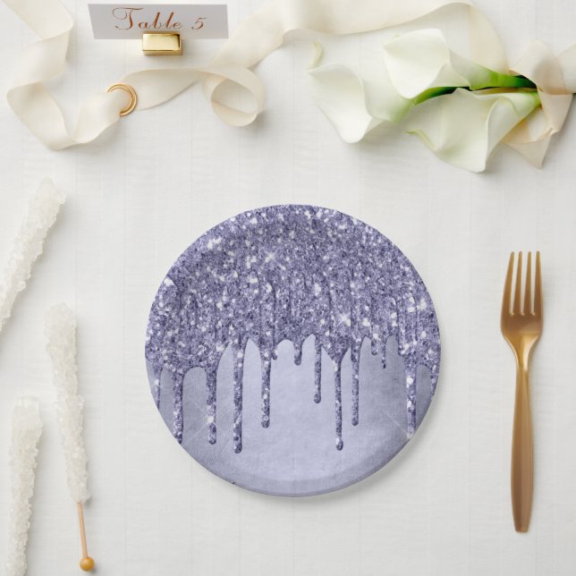 Dripping Purple Glitter | Chic Lavender Icing Pour Paper Plate (Wedding)