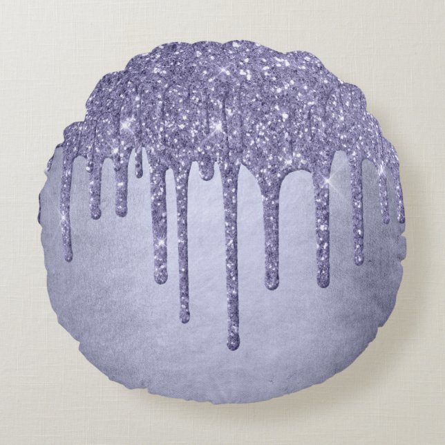 Dripping Purple Glitter | Chic Lavender Icing Pour Round Cushion (Front)