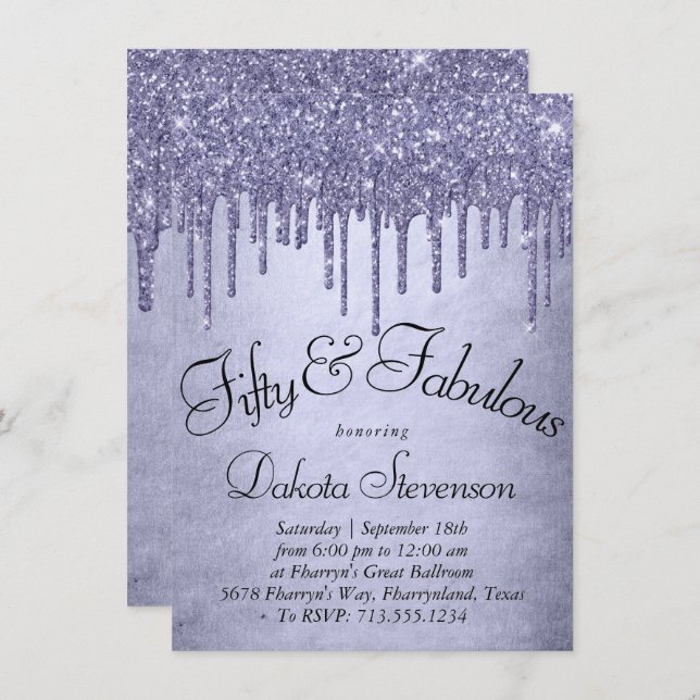 Dripping Purple Glitter | Lavender 50 and Fabulous Invitation (Front/Back)