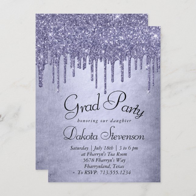 Dripping Purple Glitter | Lavender Pour Graduation Invitation (Front/Back)