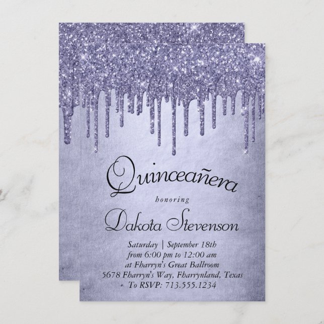 Dripping Purple Glitter | Lavender Quinceanera Invitation (Front/Back)
