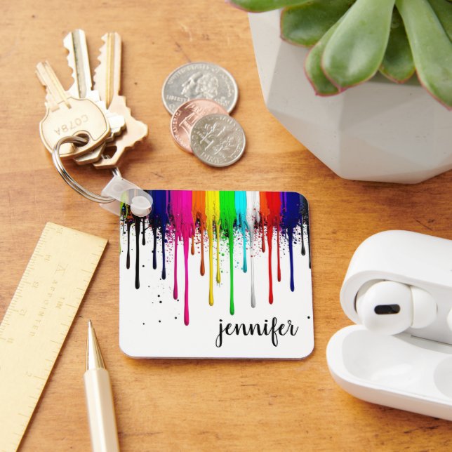 Dripping Rainbow Paint Monogram  Key Ring (Desk)