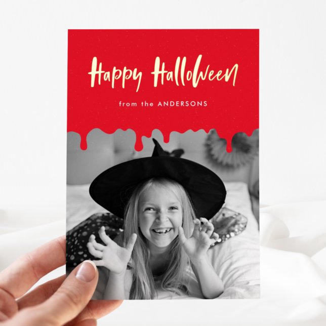 Dripping Red Blood Photo Halloween Foil Holiday Card (Creator Uploaded)
