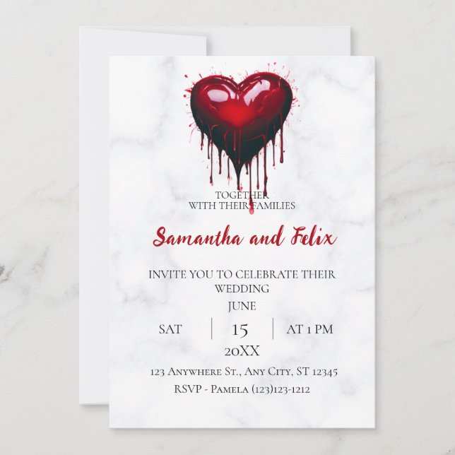 Dripping Red Heart Marble Wedding Invitation (Front)
