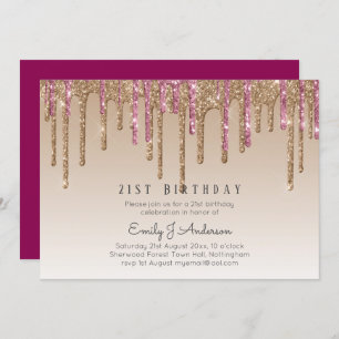 Dripping Rose Gold Glitter 21st BIRTHDAY Pink Invitation