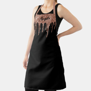Dripping Rose Gold Glitter Personalised Black L Apron