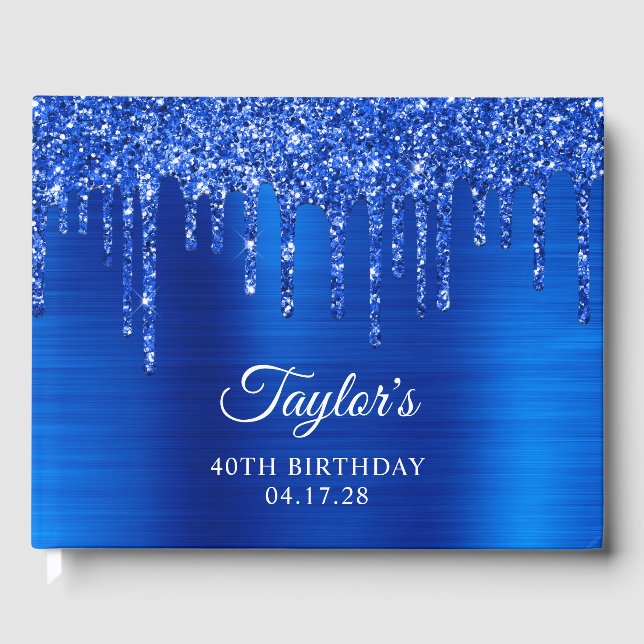 Dripping Royal Blue Glitter Glam 40th Birthday Guest Book (Front)