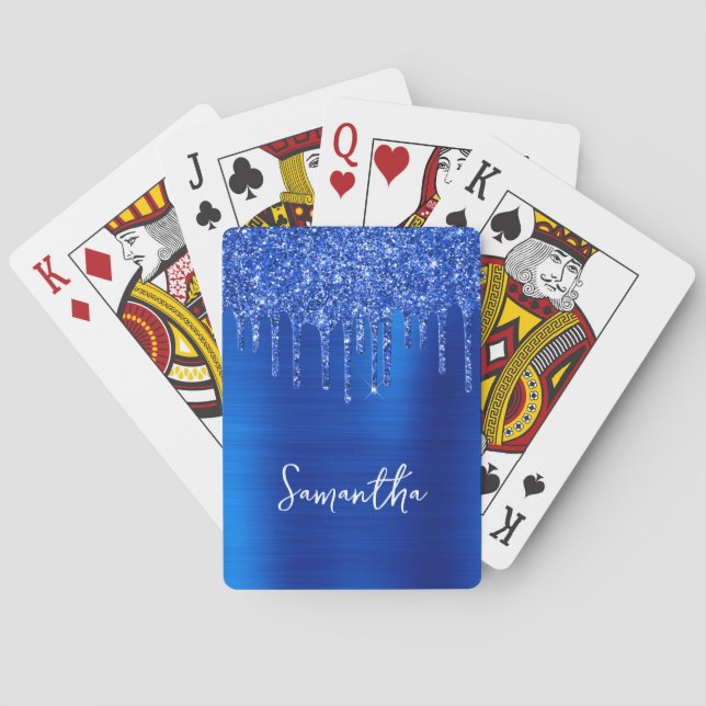 Dripping Royal Blue Glitter Glam Name Playing Cards (Back)