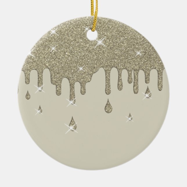 Dripping Silver Glitter Effect & Sparkles Ceramic Ornament (Front)