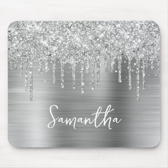 Dripping Silver Glitter Glam Mouse Pad (Front)