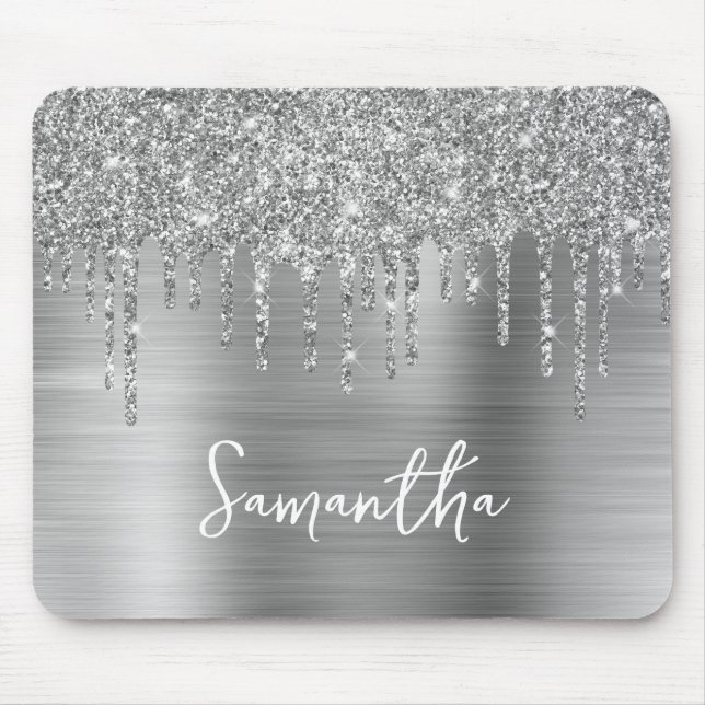 Dripping Silver Glitter Glam Name Mouse Pad (Front)