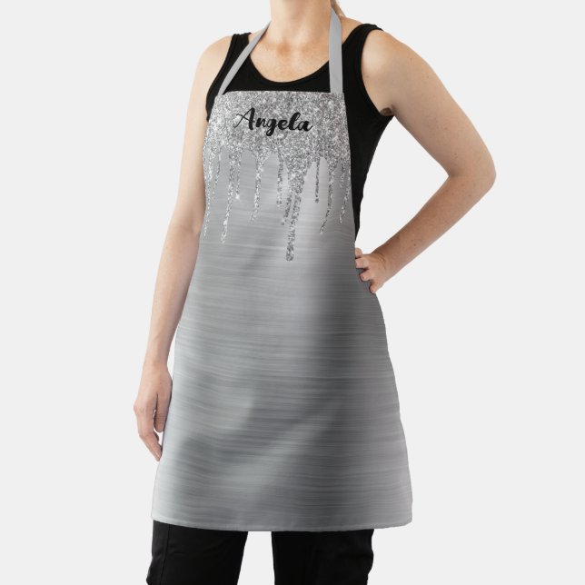 Dripping Silver Glitter Glam Personalised M Apron (Insitu)
