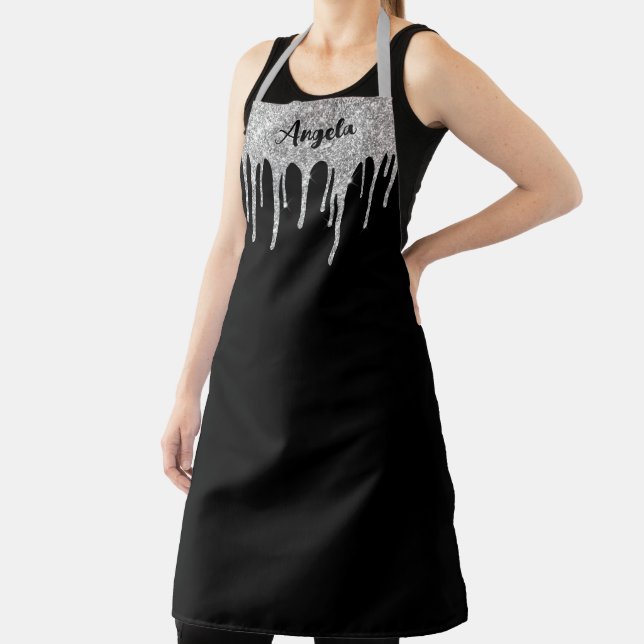 Dripping Silver Glitter Personalised Black L Apron (Insitu)