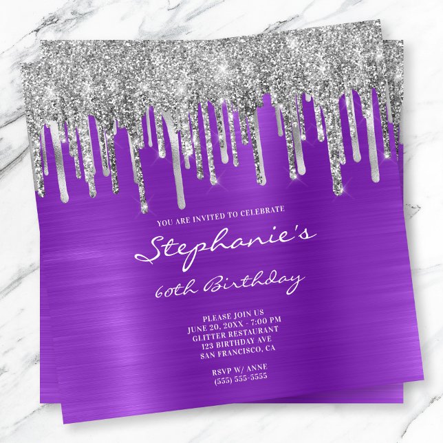 Dripping Silver Glitter Purple Foil 60th Birthday Invitation (Dripping Silver Glitter Purple Foil Birthday Invite)