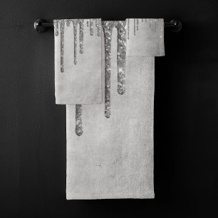 Dripping Silvery Glitter   Platinum Faux Metallic Bath Towel Set