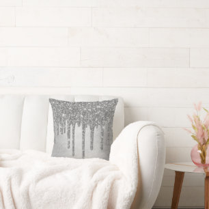 Dripping Silvery Glitter   Platinum Faux Metallic Cushion
