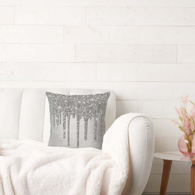 Dripping Silvery Glitter | Platinum Faux Metallic Cushion (Couch)