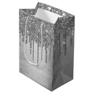 Dripping Silvery Glitter   Platinum Faux Metallic Medium Gift Bag