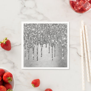 Dripping Silvery Glitter Platinum Faux Metallic Napkin