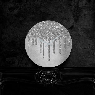 Dripping Silvery Glitter Platinum Faux Metallic Round Clock