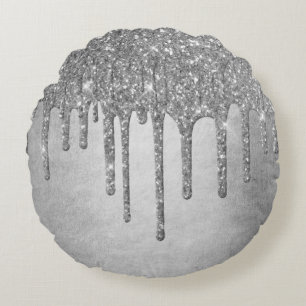 Dripping Silvery Glitter   Platinum Faux Metallic Round Cushion